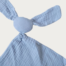 Load image into Gallery viewer, Sky blue muslin bunny security blanket with long ears, round head and squared body. Little Scandi baby Close Up
